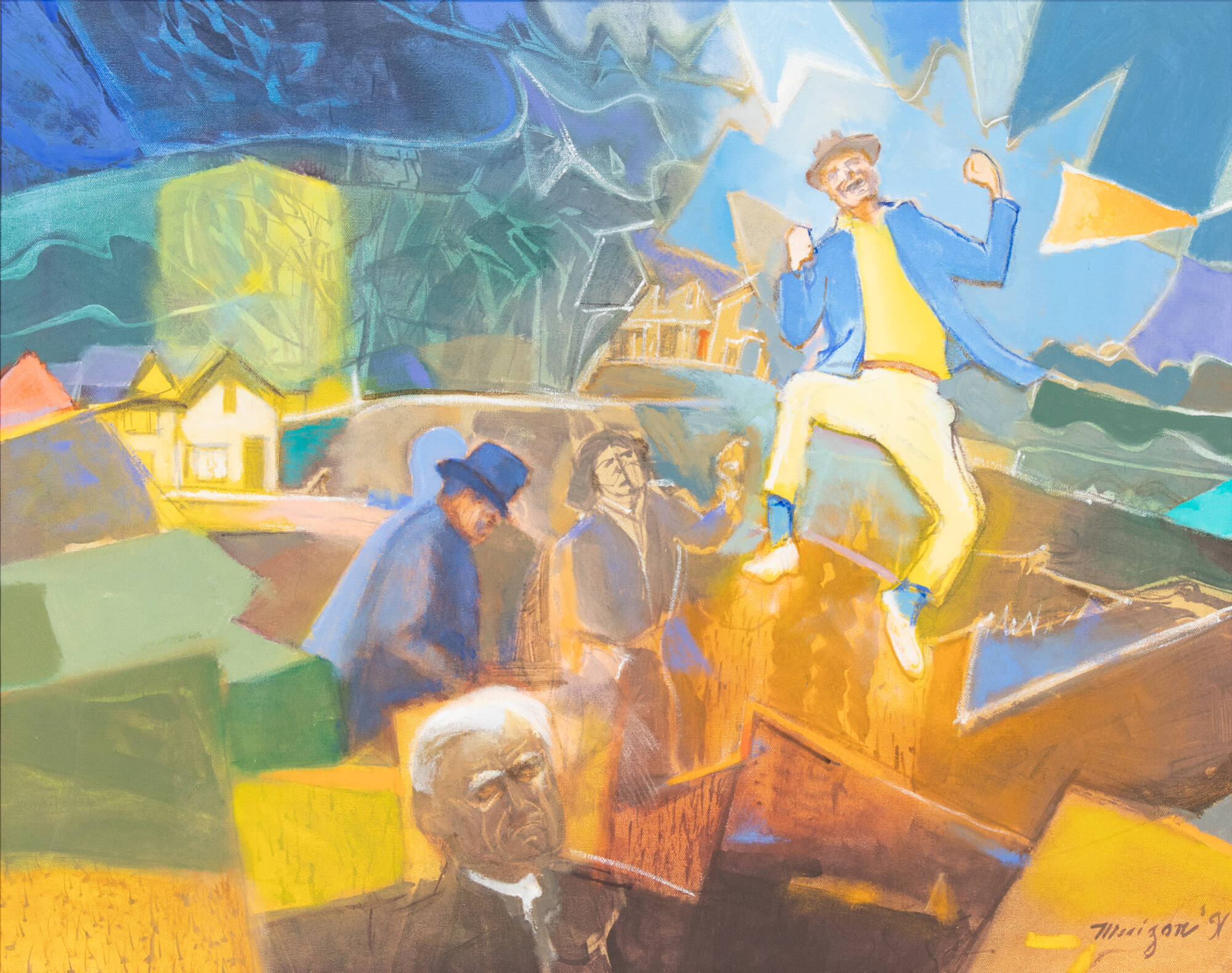 Bright and colorful painting with an abstract background with logs of geometric shapes, colors and a small house. Portraits of people towards the center of the image including one particularly happy/dancing man in a blue jacket and yellow shirt and pants.